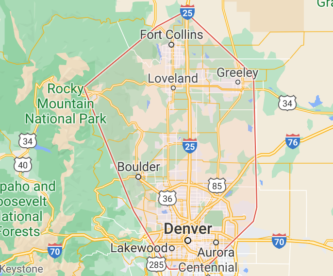 Denver, CO service area map including Aurora, Boulder, Lakewood, Loveland, Fort Collins, and Greeley