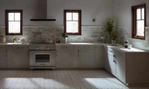 Wood stained casement windows in a white kitchen