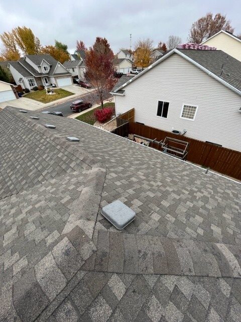 Roof plane and vent detail on a completed Frederick, Colorado storm damage replacement.