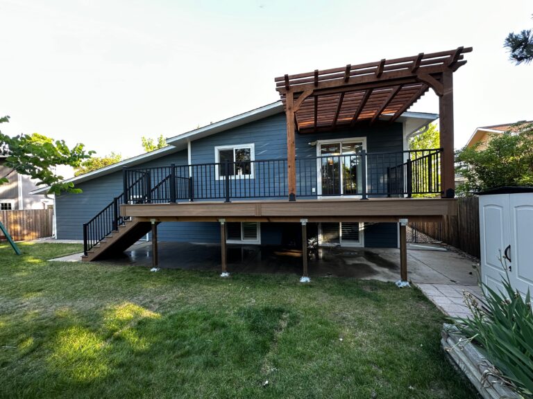 Custom wood pergola over a composite deck on a Lafayette, Colorado home, built by Northern Lights Exteriors