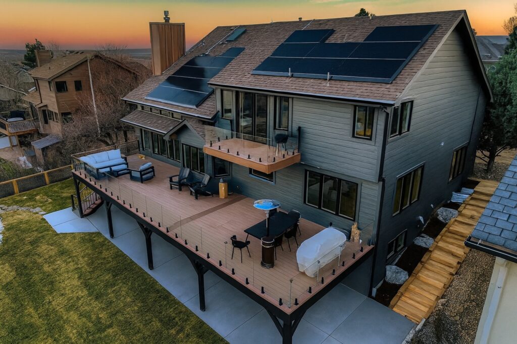 Class-A fire rated composite deck with glass railing built by Northern Lights Exteriors near Louisville, CO