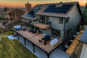 Aerial view of composite deck and exterior remodel in a Colorado foothills community.
