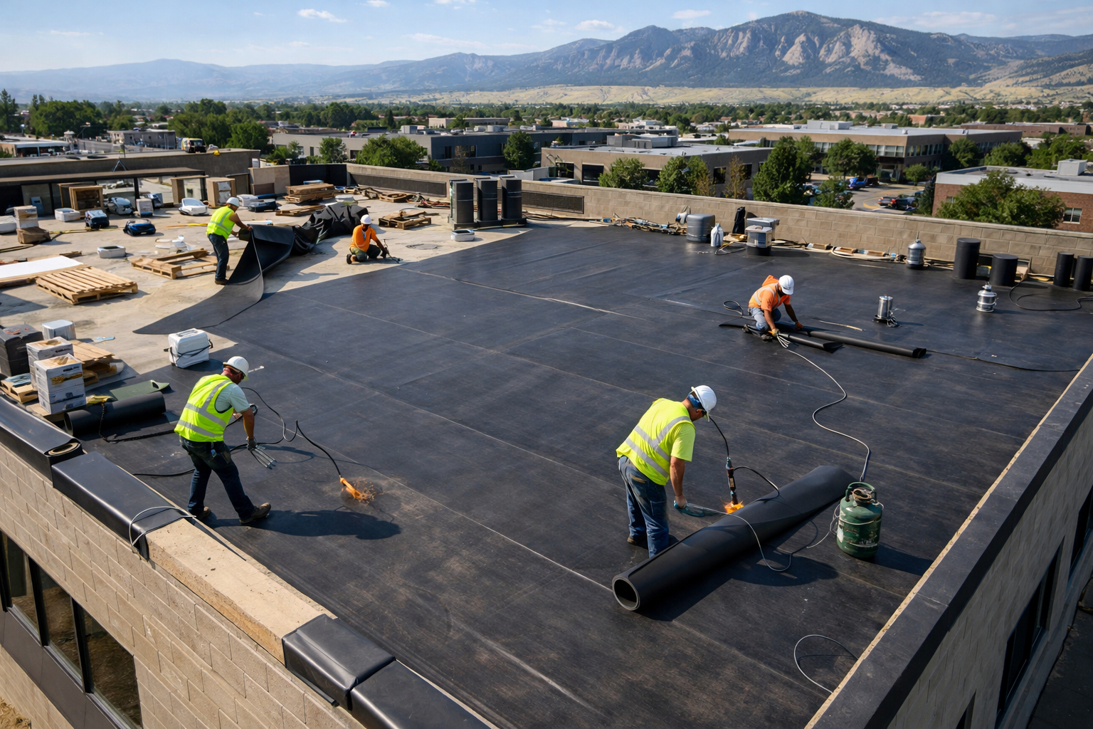 EPDM roof replacement project on a commercial building in Boulder Colorado