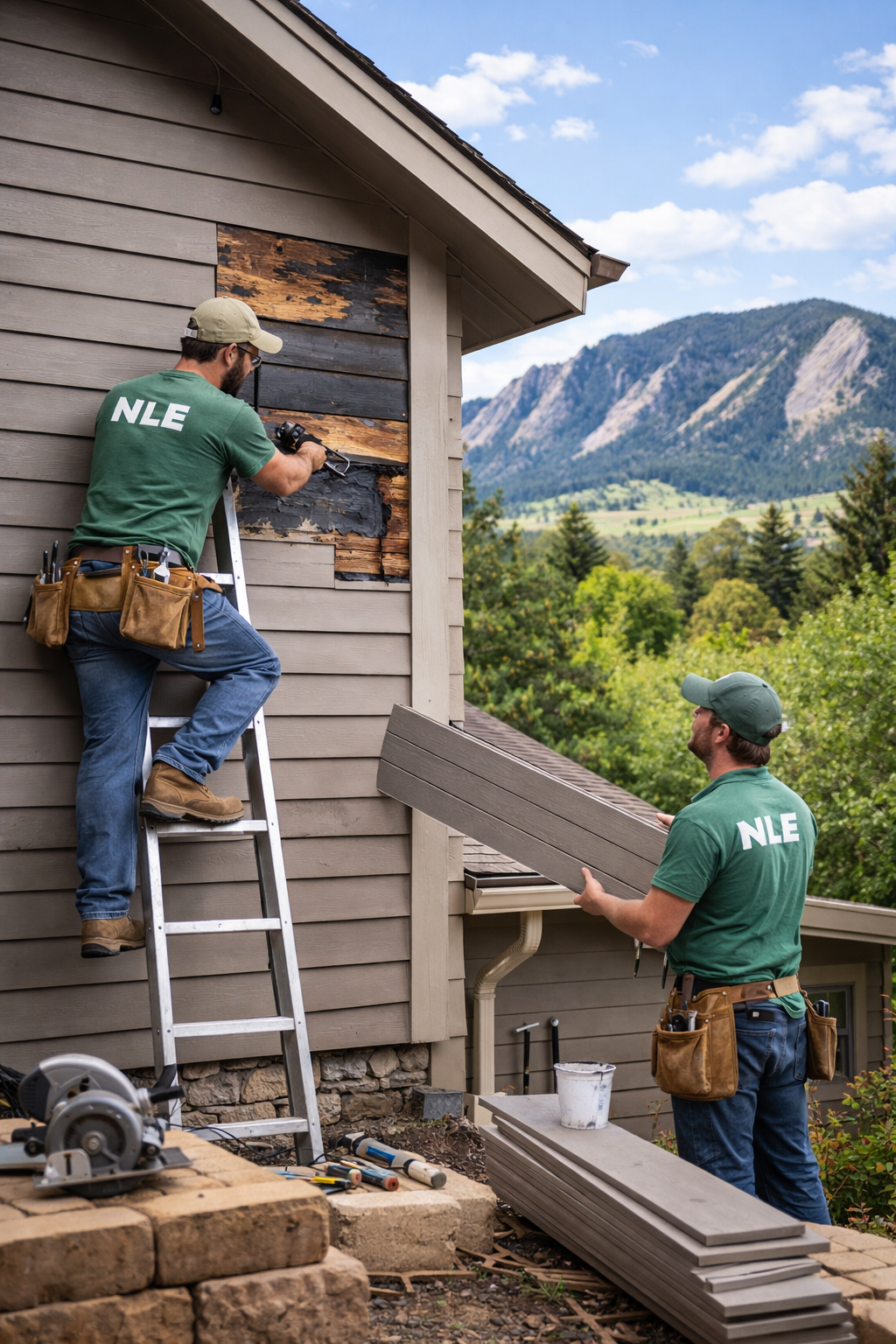 Damaged house siding panel before repair or replacement in Boulder Colorado