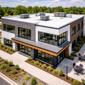 Low-slope TPO roofing installed during a commercial exterior renovation in Louisville Colorado