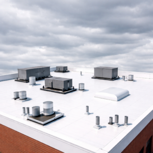 White TPO roofing system installed on a commercial building in Loveland Colorado