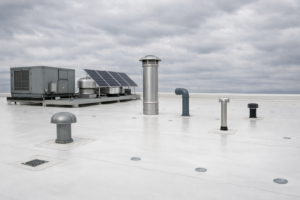 Commercial TPO roof replacement on a low-slope building in Boulder Colorado