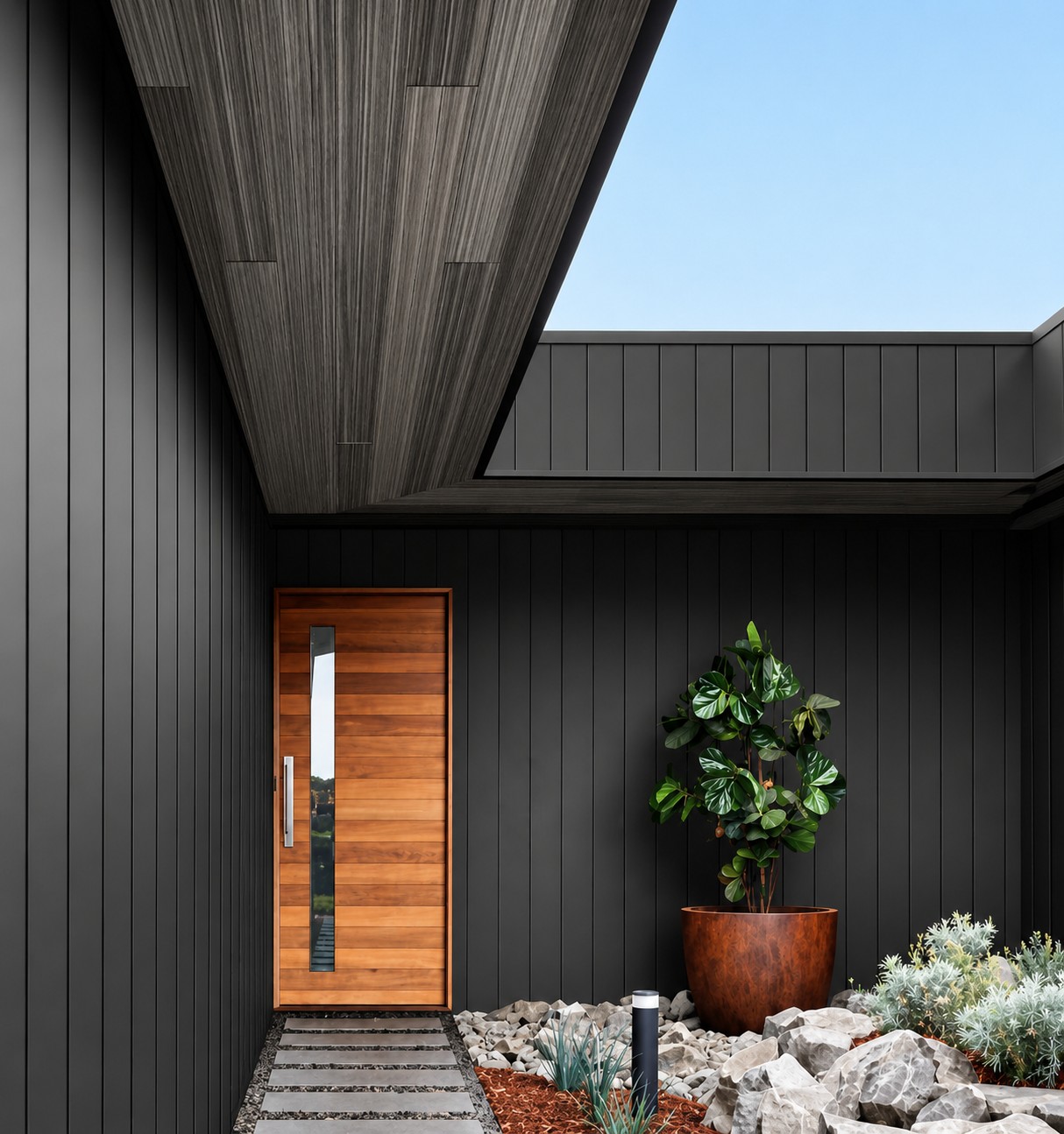 Modern Boulder, Colorado exterior design inspiration featuring Vesta steel siding in a matte black finish with contemporary vertical panel architecture, warm wood entry door accents, and clean-lined mountain-modern styling for durability, fire resistance, and curb appeal