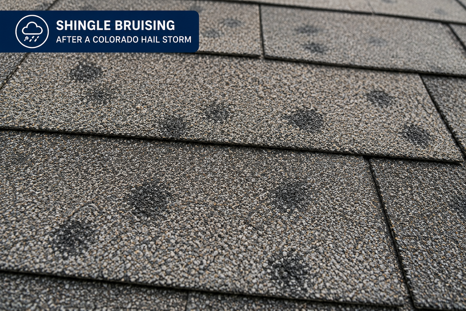Close-up of hail bruising and granule loss on a Colorado asphalt shingle