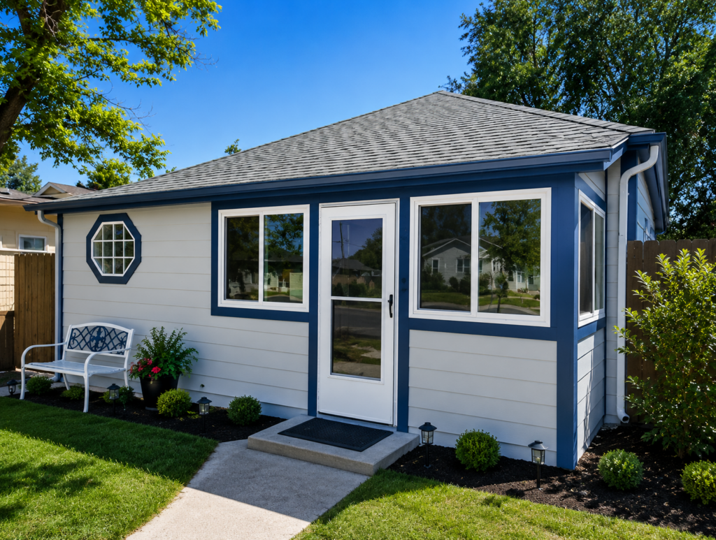 Dacono, Colorado home re-clad in Light Mist lap siding with deep blue trim and an octagonal accent window &mdash; Carbon Valley, six miles from Frederick.