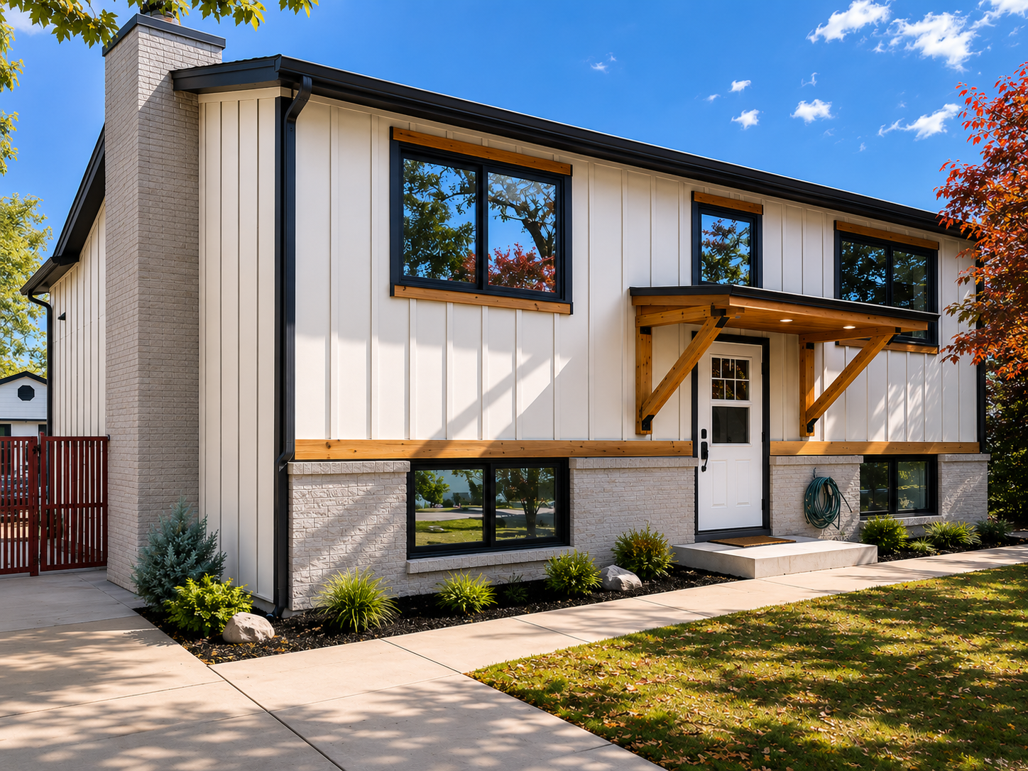 Multi-trade exterior remodel by Northern Lights Exteriors in Golden, Colorado featuring vertical siding, new windows, custom timber entry details, and a pre-cast stone chimney designed to match the home's front-elevation masonry