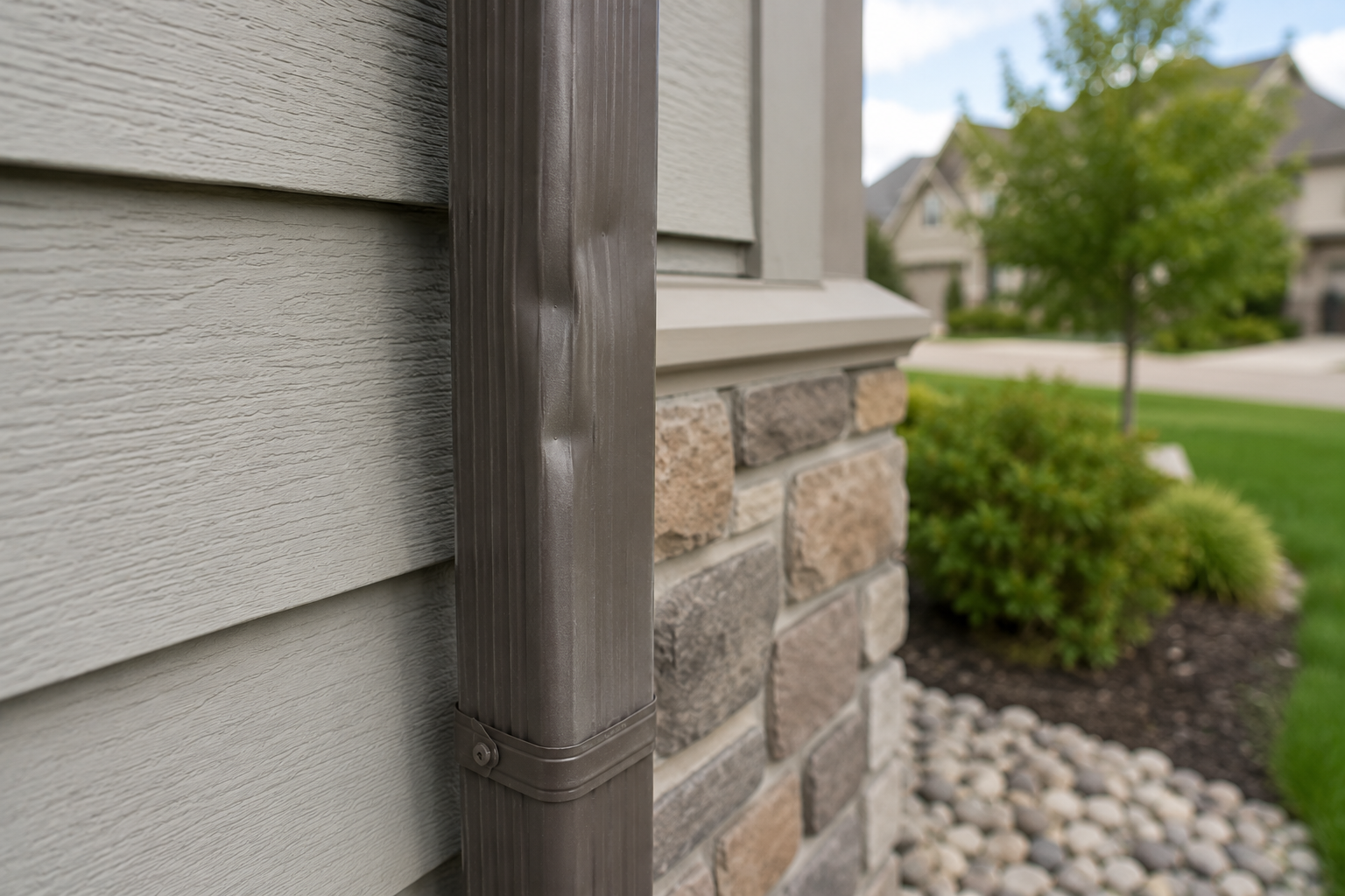 Dented aluminum gutter showing hail impact damage on a Colorado home