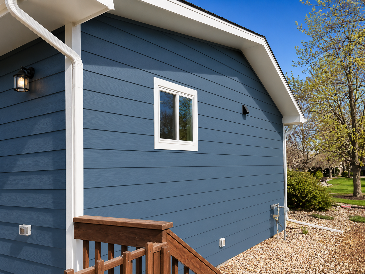 Mead Colorado James Hardie fiber cement siding installation featuring Evening Blue lap siding, Arctic White trim, and new energy-efficient replacement windows installed by Northern Lights Exteriors