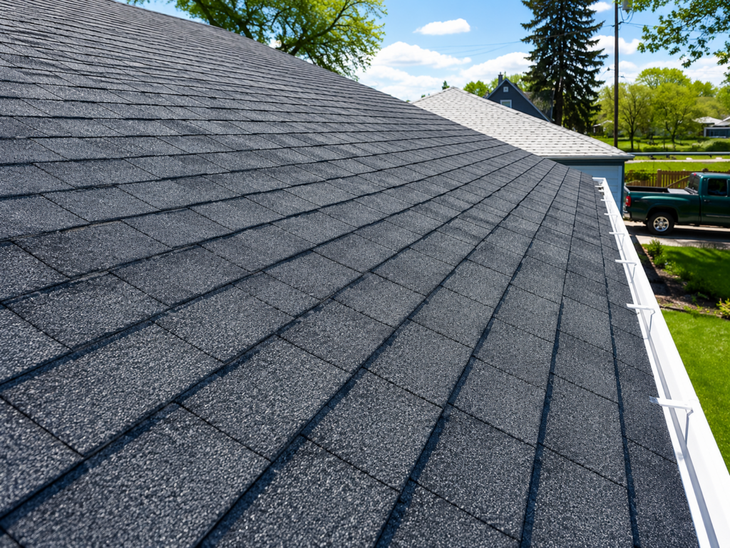 Close-up view of a newly installed asphalt shingle roofing system in Denver, Colorado following hail storm damage. The roof replacement features architectural shingles installed by Northern Lights Exteriors, providing enhanced weather protection, improved curb appeal, and long-term durability for Colorado's severe hail and wind conditions. Installed by Northern Lights Exteriors in Northwest Denver, CO 80221