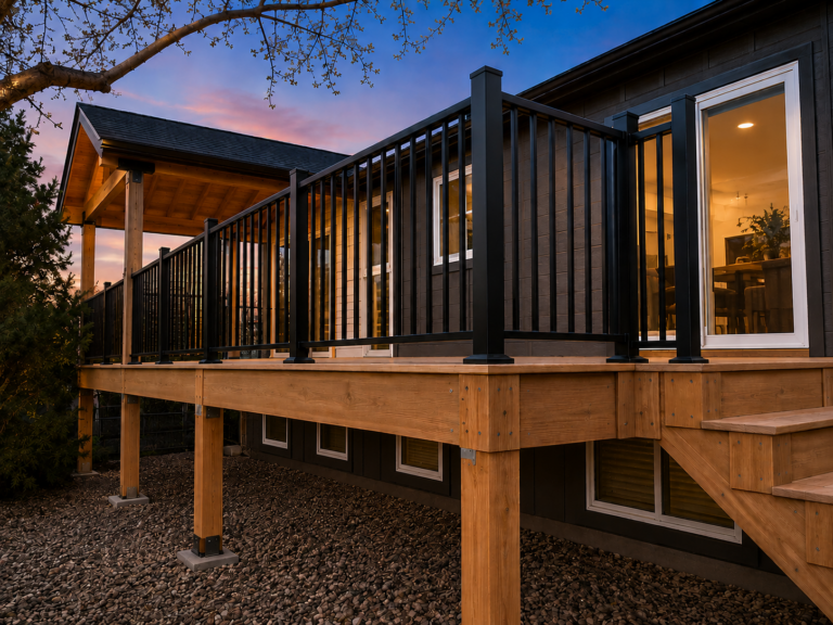Class-A fire rated elevated deck with LVL treated lumber frame, black aluminum railing and a covered section, in Louisville, Colorado by Northern Lights Exteriors
