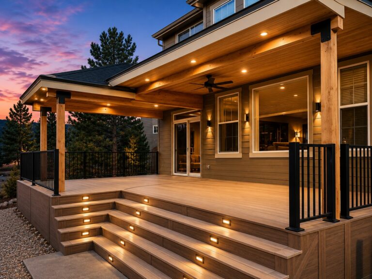 Covered porch with timber post-and-beam framing, tongue-and-groove ceiling, recessed lighting, ceiling fan and LED-lit steps on a Lyons, Colorado home built by Northern Lights Exteriors