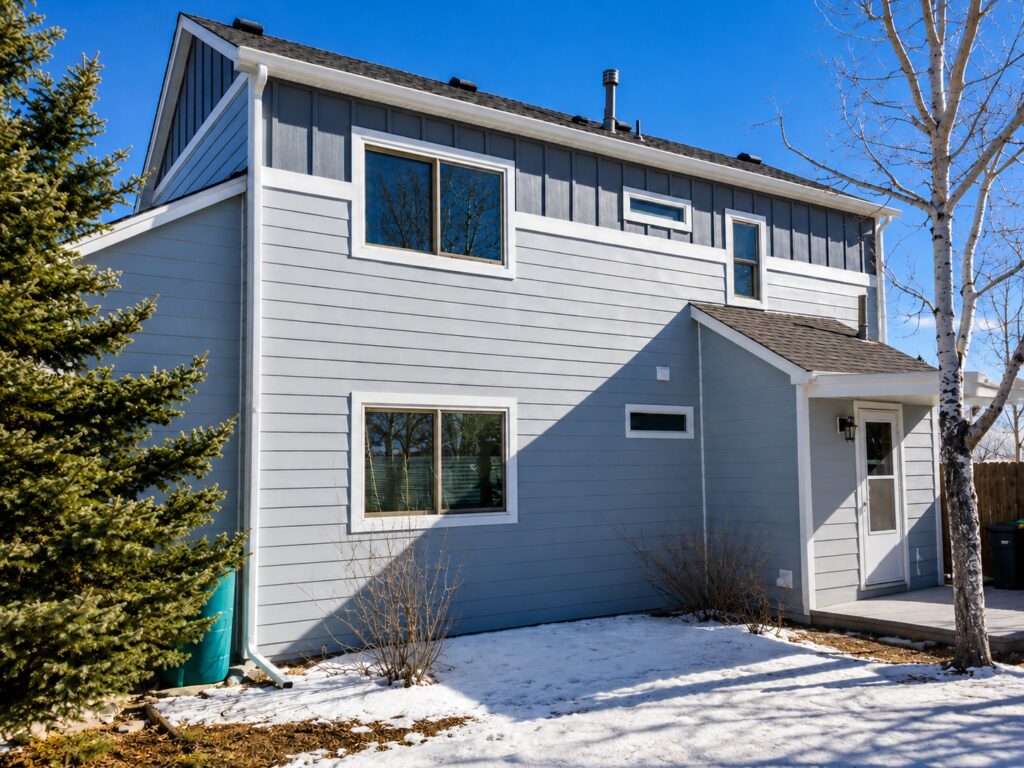 Berthoud CO home with James Hardie Light Mist lap siding, Gray Slate board-and-batten accents, and Arctic White trim