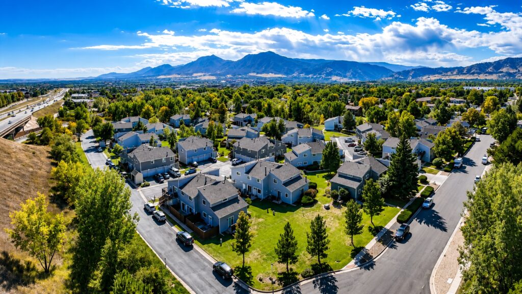 Aerial view of a Boulder HOA townhome community re-clad in Class A fire-rated James Hardie siding