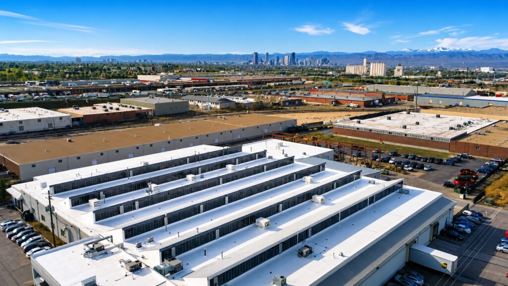 Aerial view of long industrial roofs in Commerce City after a reflective roof coating