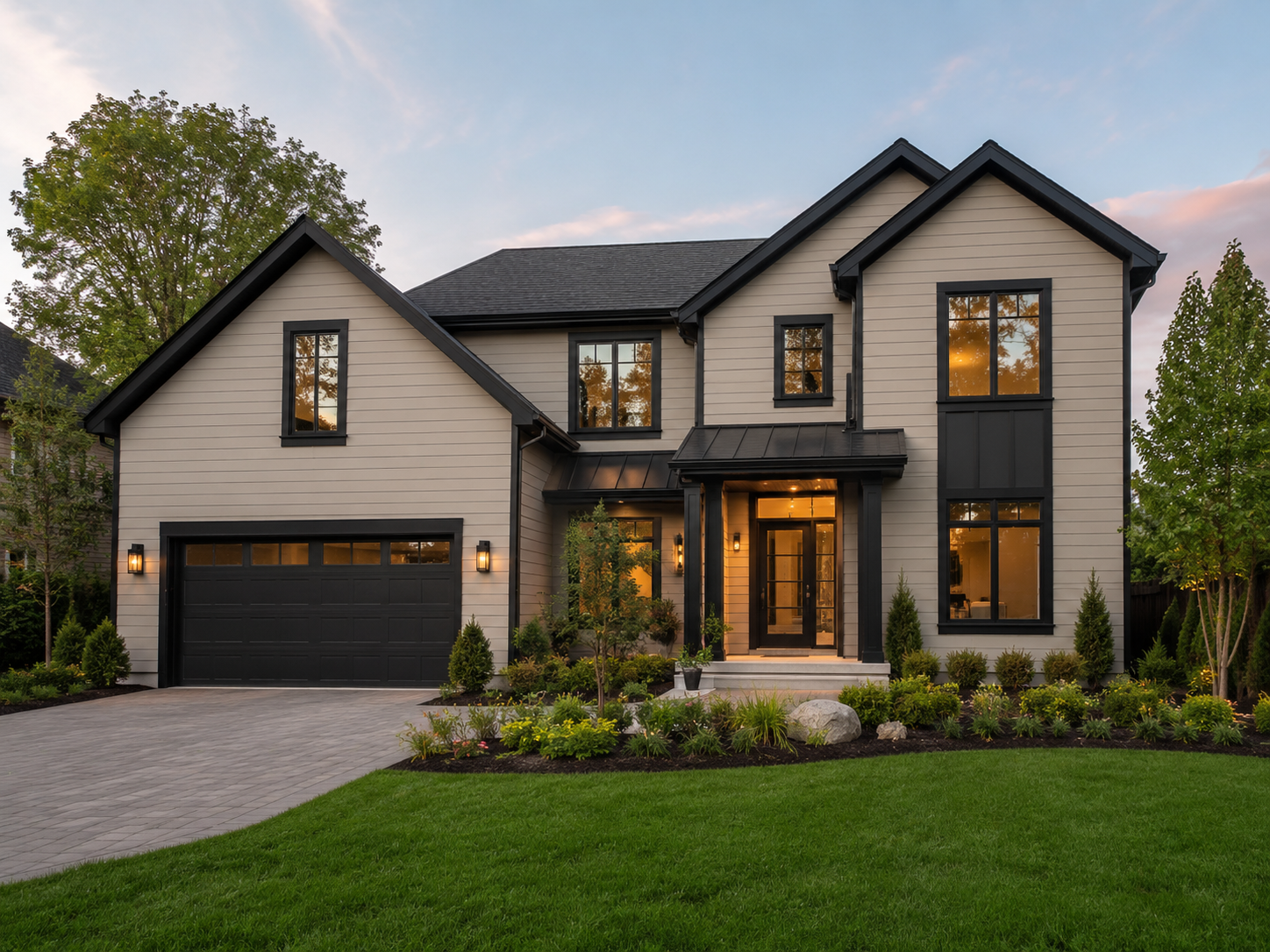Modern farmhouse featuring James Hardie Cobblestone lap siding with black trim, black windows, and standing seam metal roof accents.