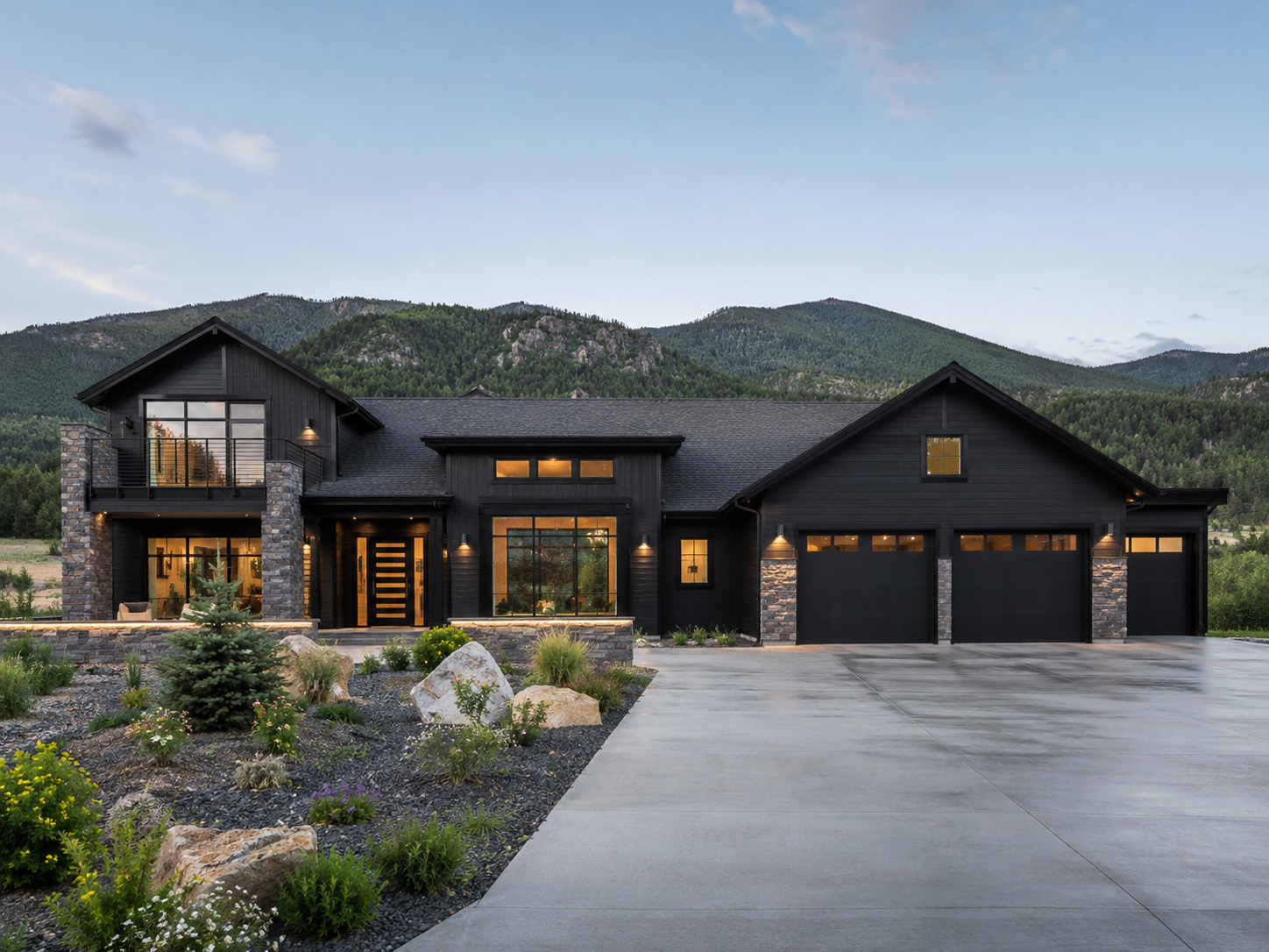 Luxury Colorado mountain home featuring James Hardie Midnight Black fiber cement siding, oversized black fiberglass windows, natural stone accents, and modern mountain architecture.