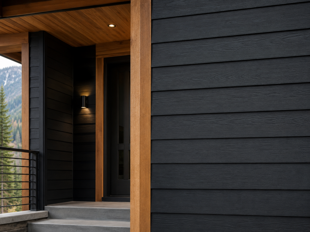 Close-up of James Hardie Midnight Black lap siding with warm natural wood trim on a modern Colorado home by Northern Lights Exteriors