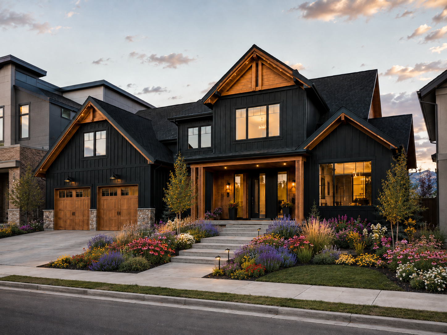 Luxury modern farmhouse featuring James Hardie Midnight Black fiber cement siding with warm cedar accents, black windows, and contemporary mountain-inspired architecture.
