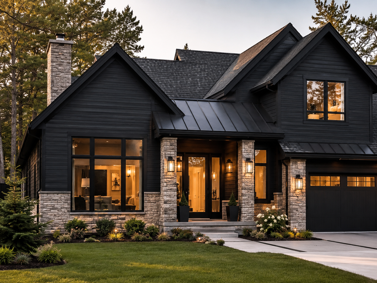 Luxury Colorado home featuring James Hardie Midnight Black fiber cement siding, natural stone veneer, standing seam metal roof accents, and black-framed windows.