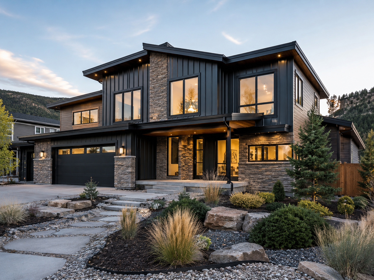 Modern Colorado home featuring black vertical metal siding, natural stone veneer accents, oversized black-framed windows, and contemporary mountain architecture.