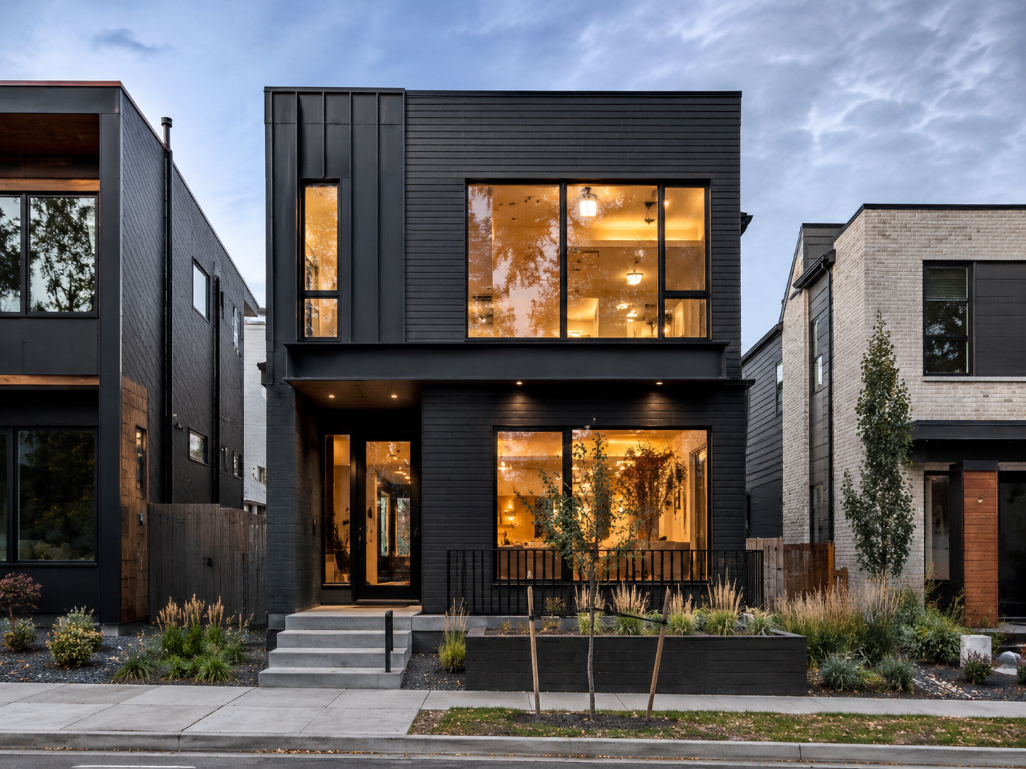 All black modern farmhouse exterior with black siding and black roof