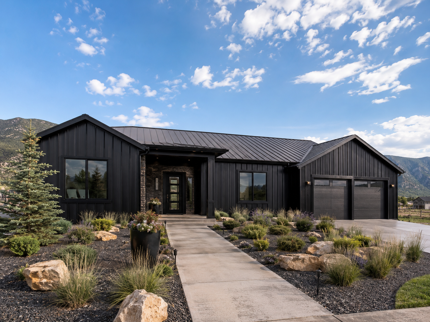 Modern Colorado ranch home featuring James Hardie Midnight Black vertical board and batten siding with black standing seam metal roofing and contemporary landscaping.