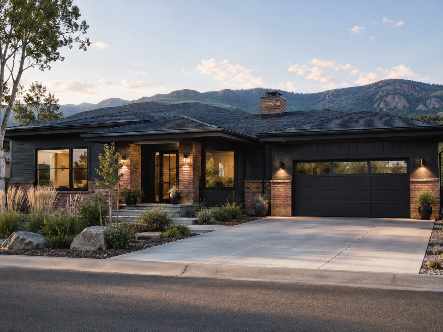 One-story Colorado home with James Hardie Midnight Black fiber cement siding, red brick accents, oversized black windows, and modern architecture.