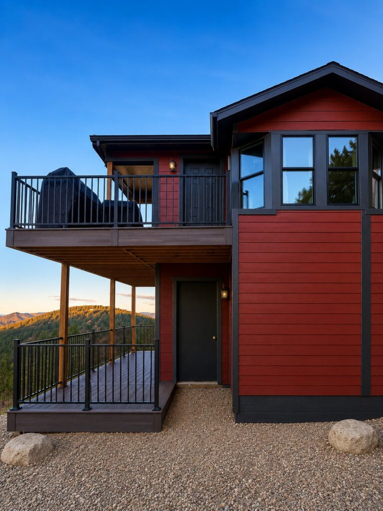 Evergreen, Colorado mountain home with an elevated deck, James Hardie fiber cement siding and new windows and doors installed by Northern Lights Exteriors, overlooking forested foothills at dusk