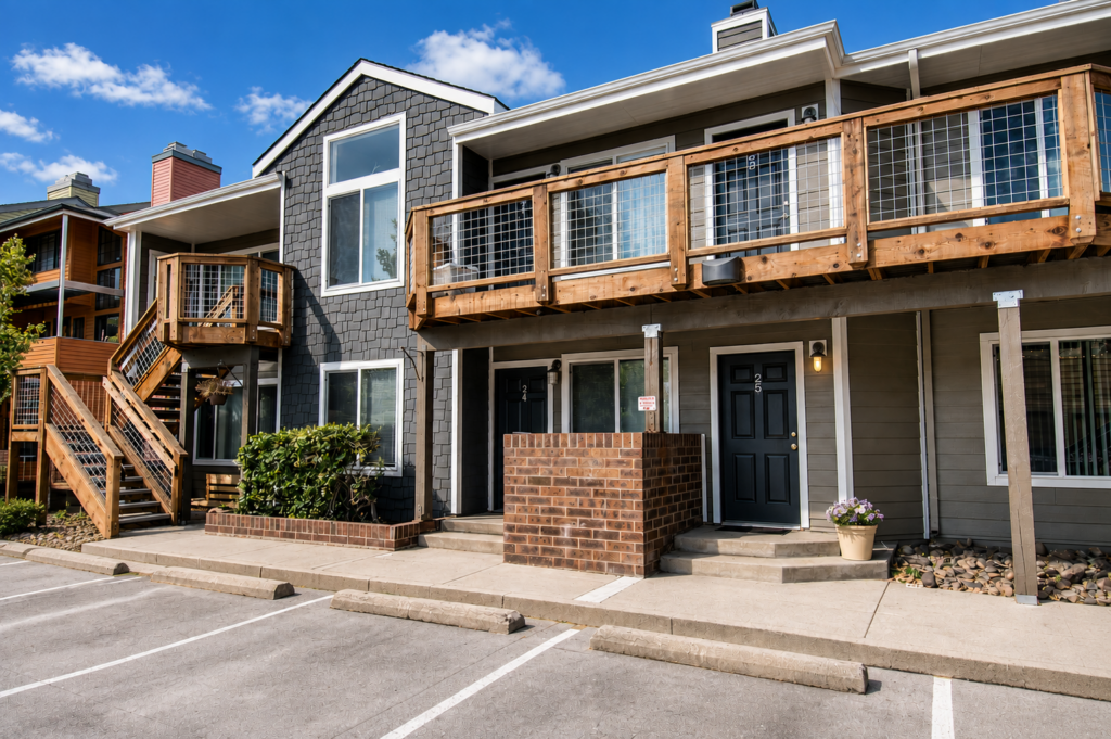 Multi-family townhome block in Boulder with new siding, trim and wood balcony rails