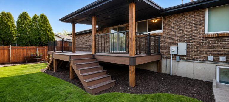 Composite deck with a covered roof section and black railing in Aurora, Colorado
