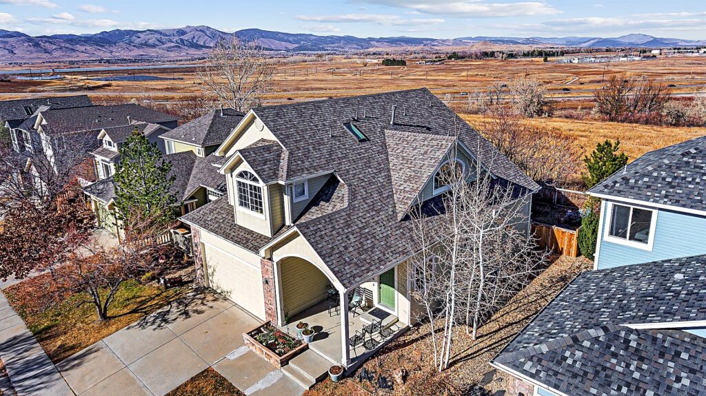 Aerial view of an architectural asphalt shingle roof replacement in Gunbarrel, Boulder, CO by Northern Lights Exteriors