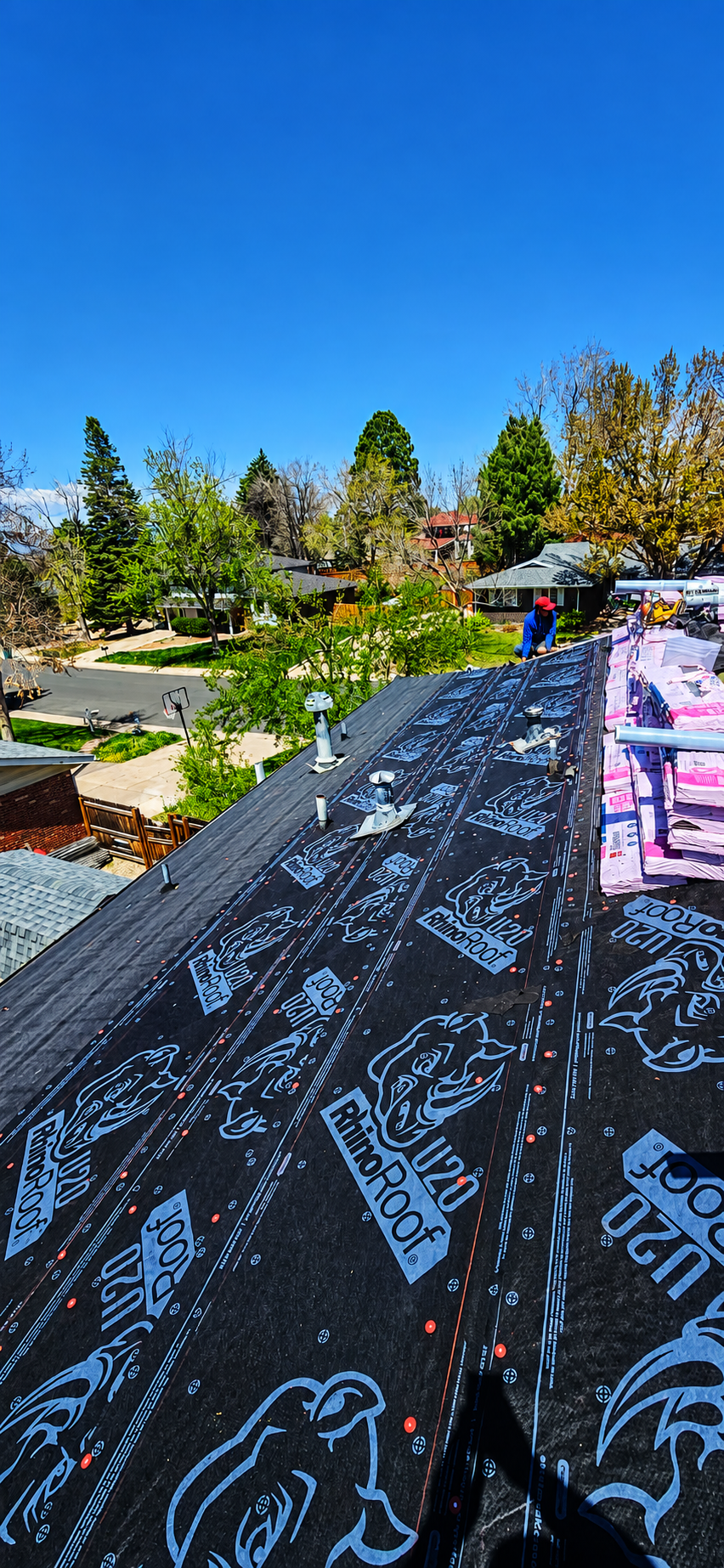 Roof in Centennial, Colorado with synthetic underlayment installed over exposed decking