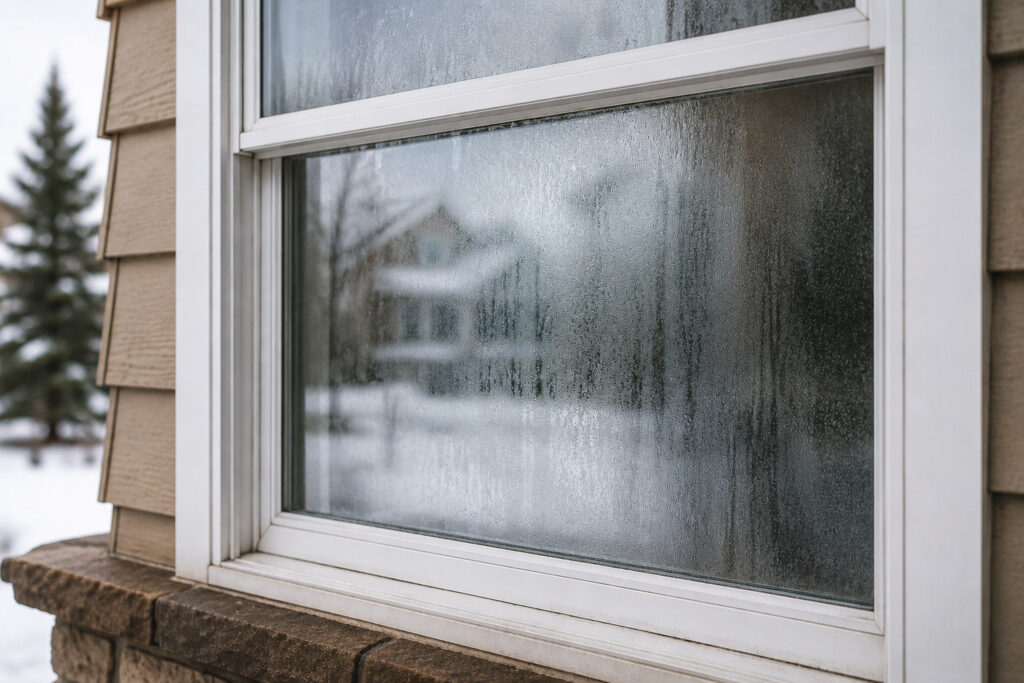 Condensation trapped between the panes &mdash; the signature sign of a failed insulated-glass seal, and the reason it cannot be cleaned off.