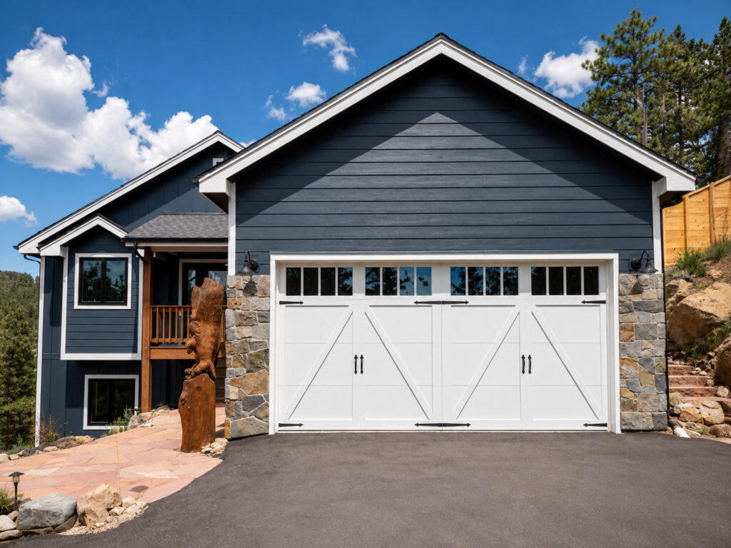 Evergreen, Colorado home clad in James Hardie fiber cement lap siding in Evening Blue with Arctic White trim, installed by Northern Lights Exteriors