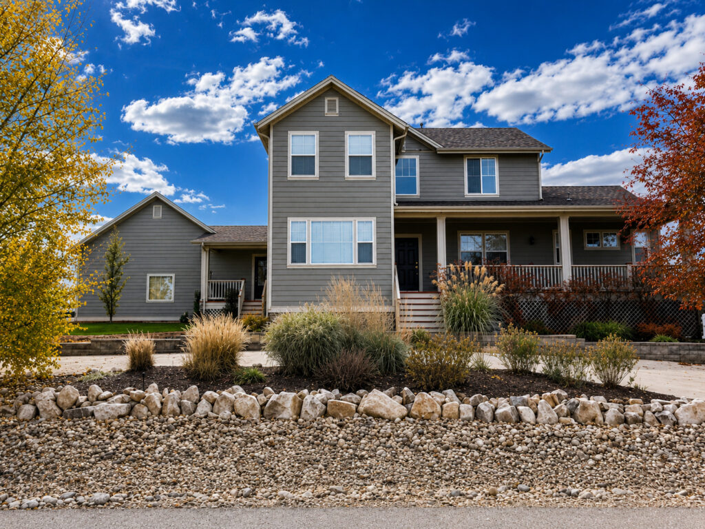 Two-story Frederick, Colorado home re-clad in James Hardie Monterey Taupe lap siding with Cobble Stone trim and a full covered porch.