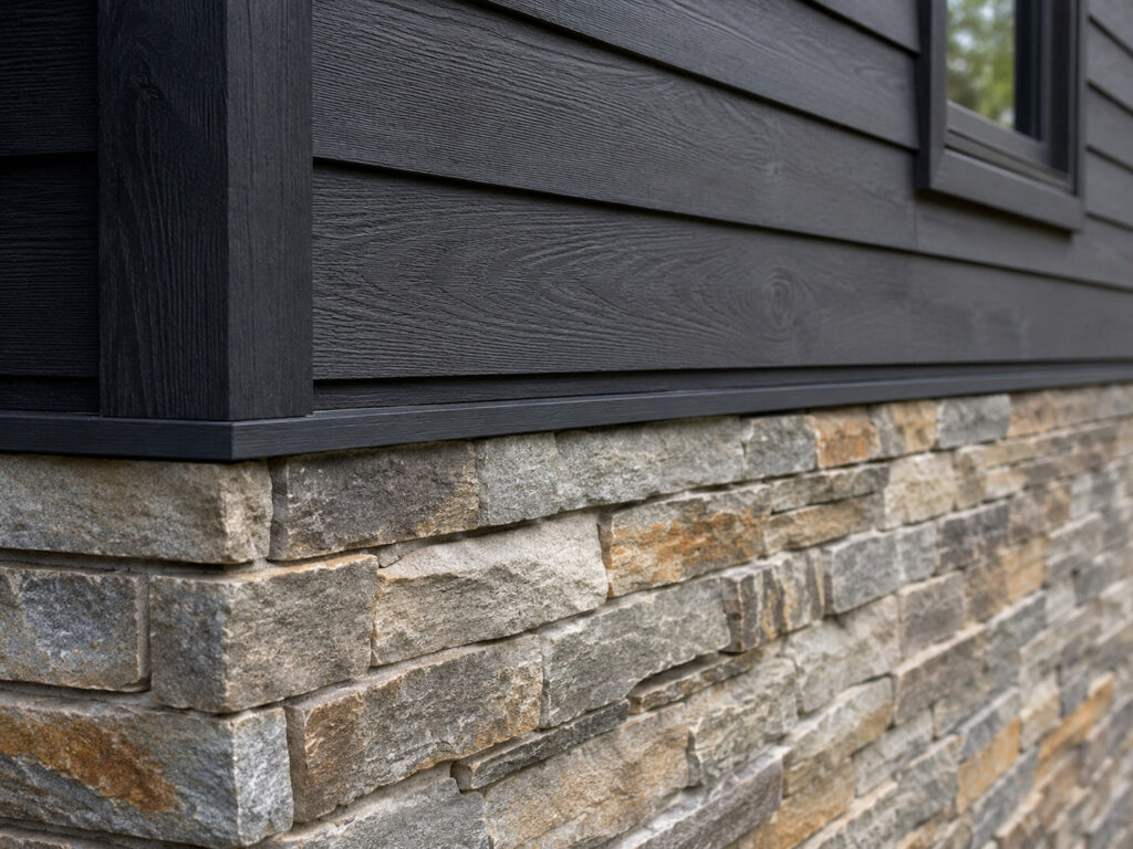 Close-up of James Hardie Midnight Black lap siding with stacked natural stone, Colorado, by Northern Lights Exteriors