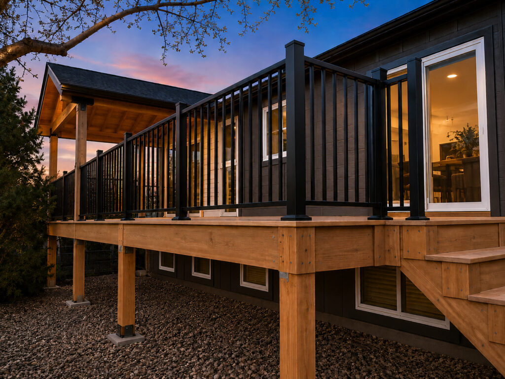Class A fire-rated deck on an LVL treated-lumber frame with composite decking in Louisville, CO by Northern Lights Exteriors