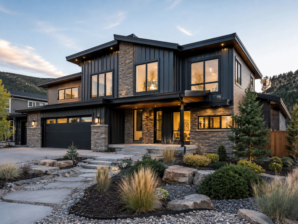 Modern Colorado mountain home with black vertical metal siding and natural stone veneer accents by Northern Lights Exteriors