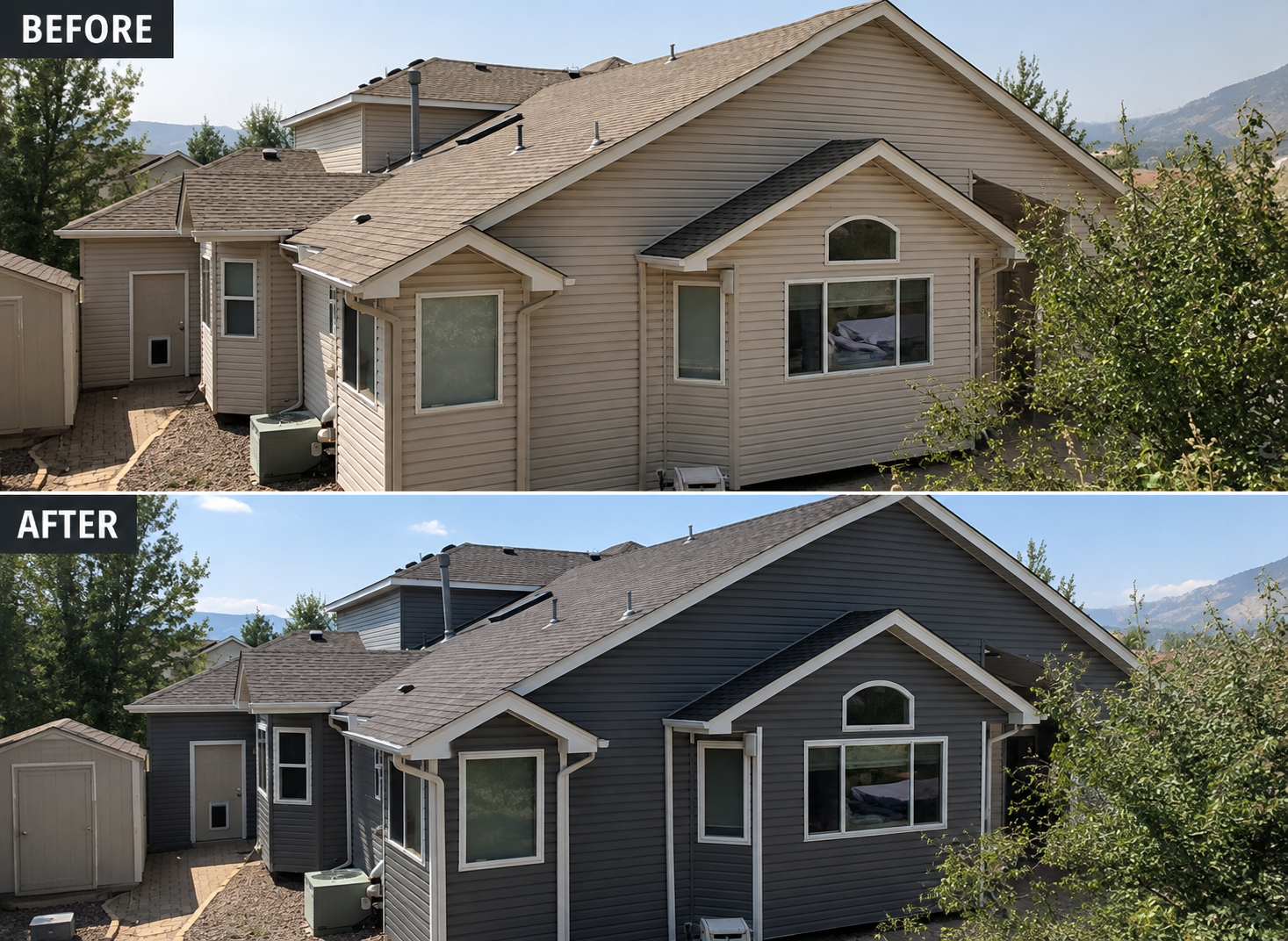 Before and after of a Colorado exterior remodel showing a new architectural asphalt shingle roof and charcoal lap siding replacing the original tan siding and worn roof