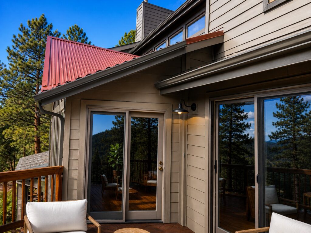 Evergreen, Colorado mountain home clad in James Hardie fiber cement siding in Timber Bark with board-and-batten accents and a standing seam metal roof, installed by Northern Lights Exteriors, with a deck overlooking ponderosa forest