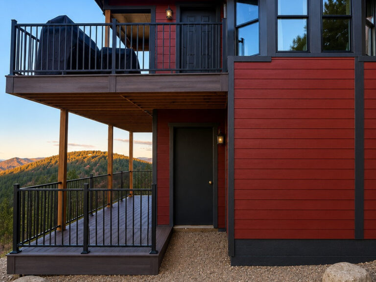 Two-level composite deck with black aluminum railing on a sloped lot in Evergreen, Colorado