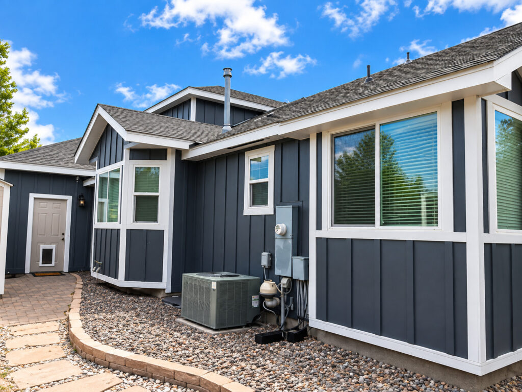 Golden, CO home after a multi-trade remodel by Northern Lights Exteriors: new asphalt shingle roof, seamless gutters, James Hardie board and batten siding and Simonton windows