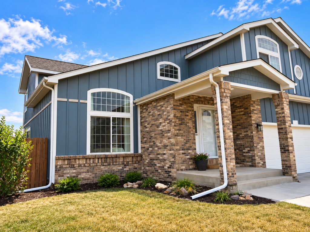Golden, CO home with James Hardie board and batten siding, new seamless gutters and exterior painting by Northern Lights Exteriors
