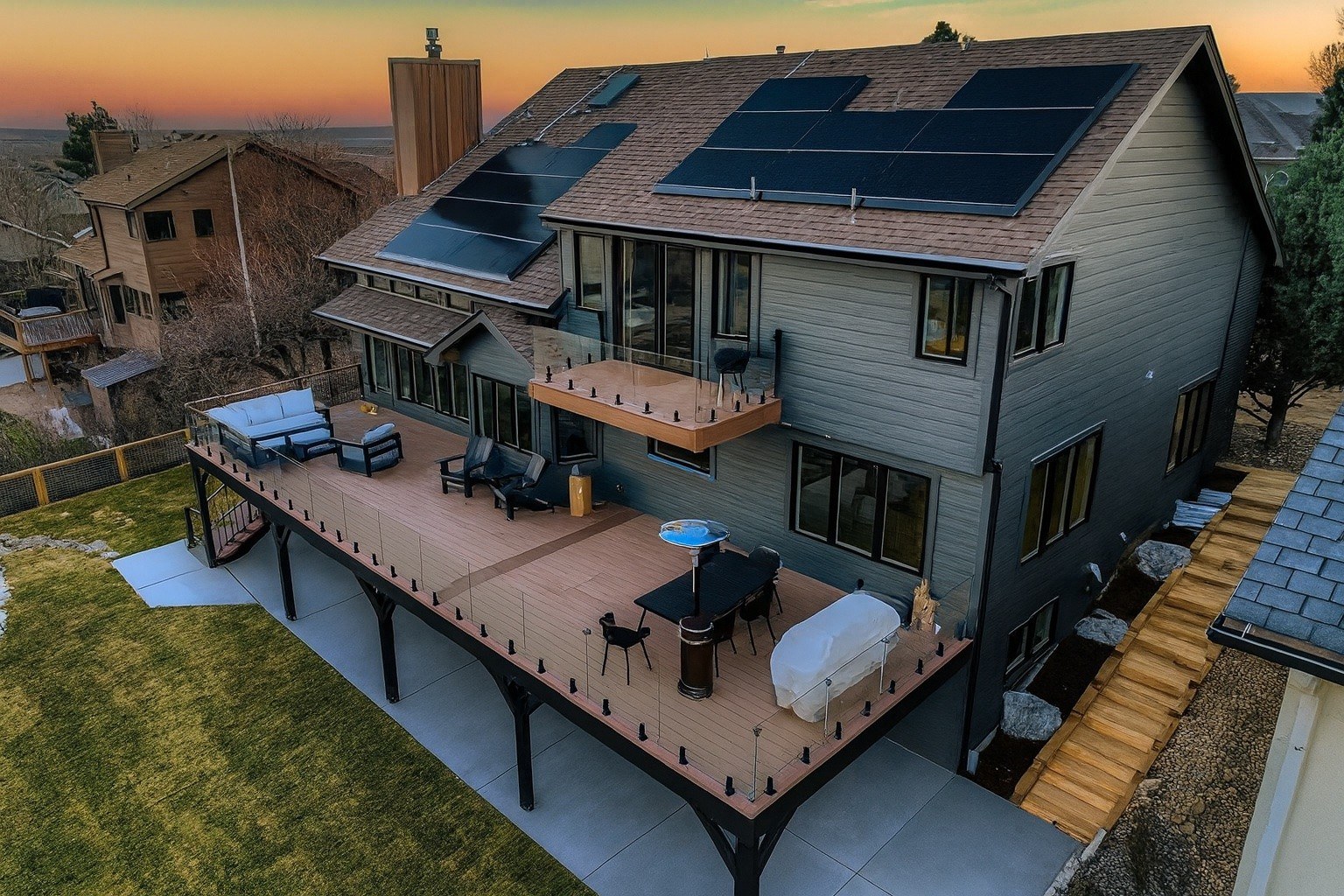 Multi-trade exterior remodel in Louisville, Colorado: new siding, windows and a composite deck with steel-framed structure, completed by Northern Lights Exteriors