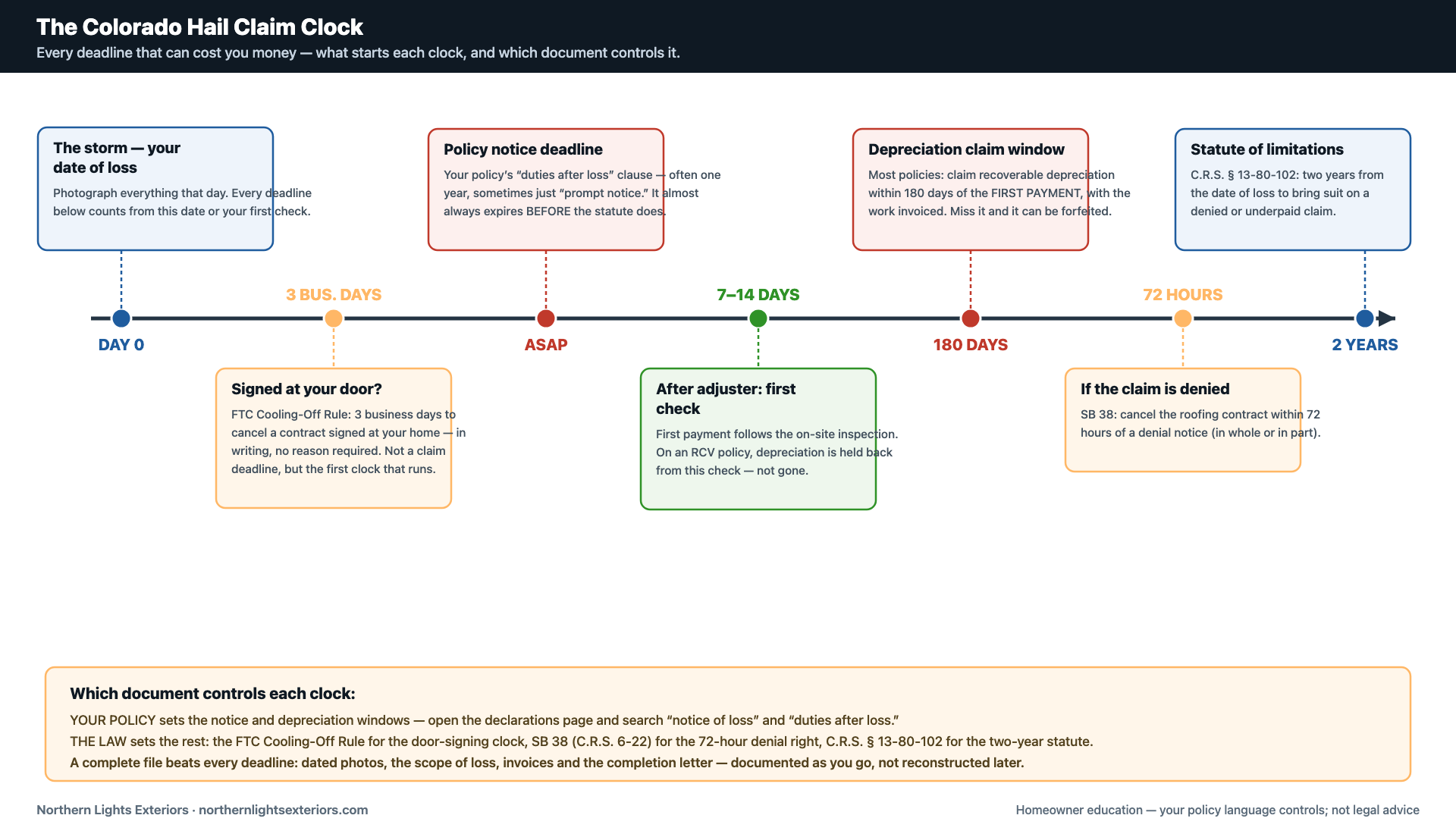 Timeline diagram of Colorado hail claim deadlines showing the date of loss, the policy notice window, the first check after the adjuster inspection, the 180-day recoverable depreciation window, the 72-hour SB 38 cancellation right after a denial, and the two-year statute of limitations under C.R.S. 13-80-102